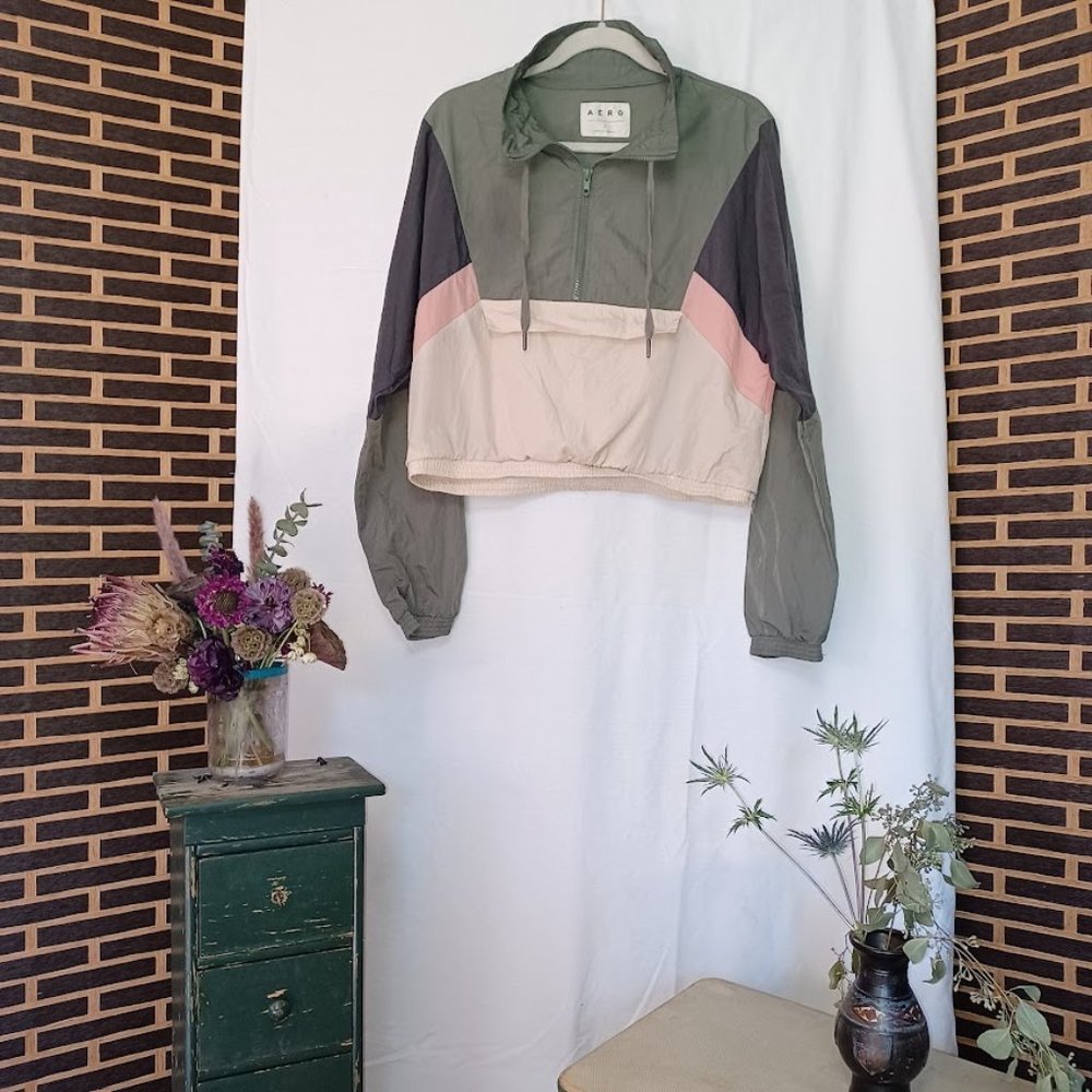 AERO Colorblocked Windbreaker Jacket - Olive Green, Dark Grey, Pink - Size Large